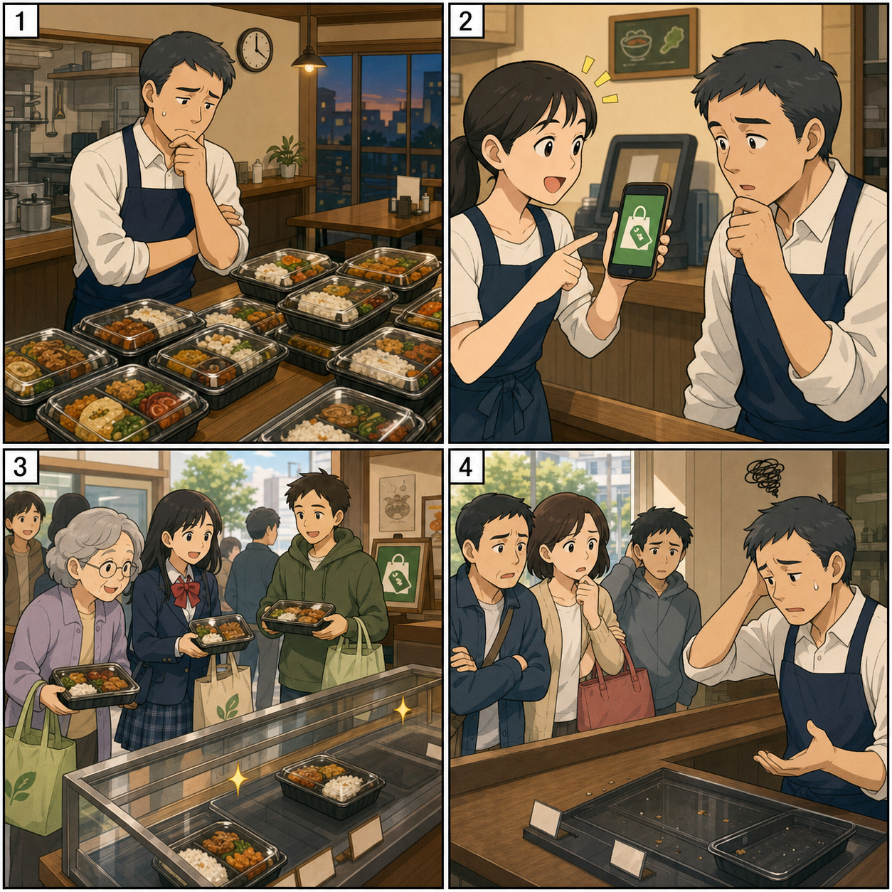 A four-panel comic about a restaurant owner reducing food waste, but regular customers are disappointed after meals sell out.